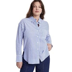 Blue Striped Button Down Shirt Women's 3X Cotton Long Sleeve Classic Workwear